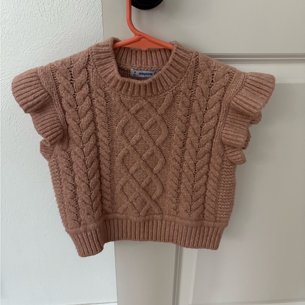 Mayoral Pink Sweater with Ruffled Cap Sleeves and Cable Knit Design